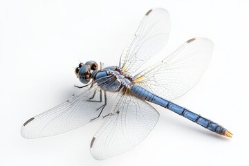 Colorful dragonfly resting on a white surface in natural light with intricate details on its wings and body