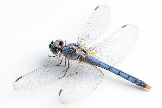 Colorful dragonfly resting on a white surface in natural light with intricate details on its wings and body