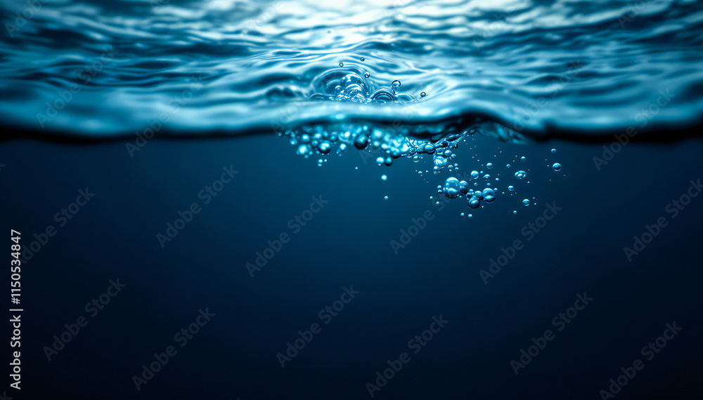 Wall mural underwater view of the ocean surface with rippling waves and bubbles, creates a serene and tranquil 