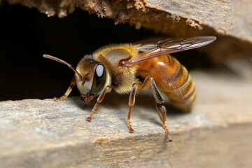 Close-up view of a honeybee resting on wooden surface near its hive in the afternoon sunlight