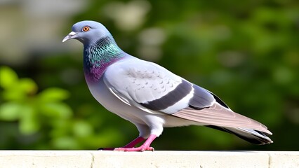 Obraz premium Vibrant pigeon with iridescent feathers perched on a stone ledge