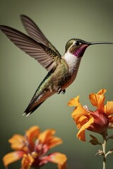 Fototapeta premium Hummingbird in Flight: A detailed capture of a hummingbird hovering near a flower. 