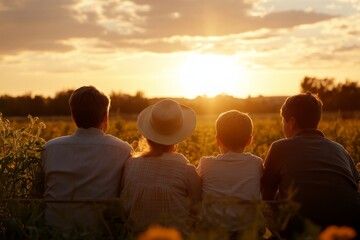 Obraz premium Family enjoying sunset together in a tranquil field during warm summer evening