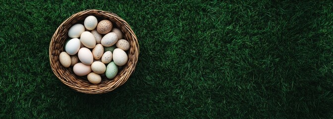 Easter basket full of eggs composition background