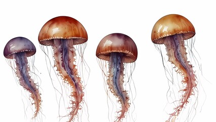 Set of jellyfish shown on white background. Underwater plants.