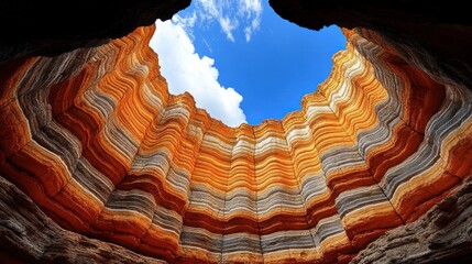 Colorful canyon walls opening to a bright sky.