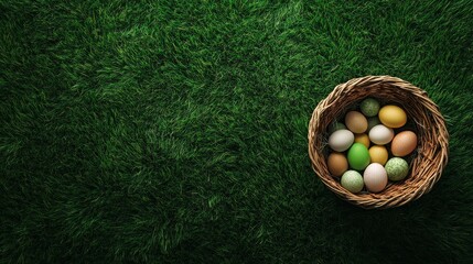 Easter basket full of eggs composition background