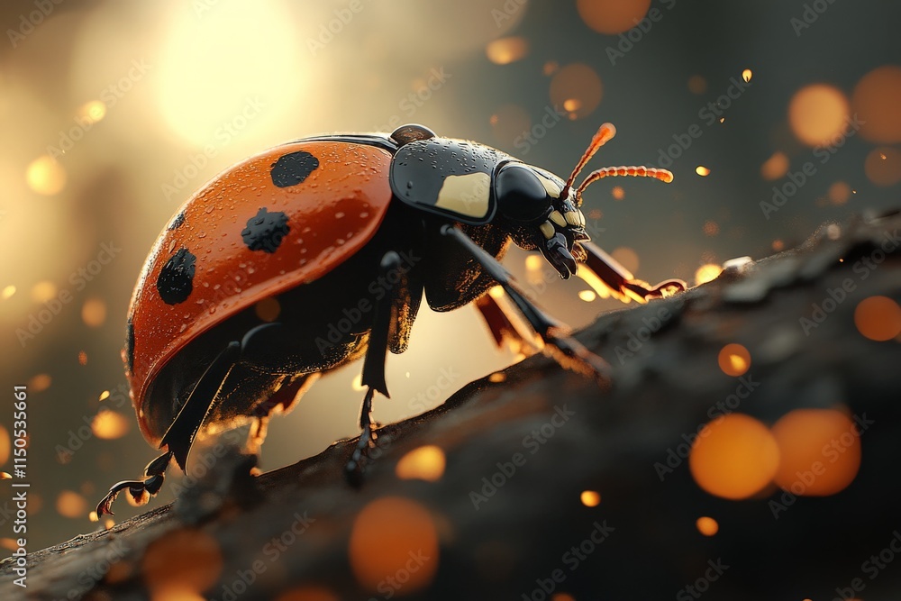 Poster close-up view of a ladybug on a branch surrounded by sparkling natural light in a forest during earl