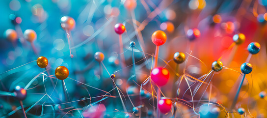 Network of colorful pins connected to each other, illustrating a concept of interconnectivity and creative networking.