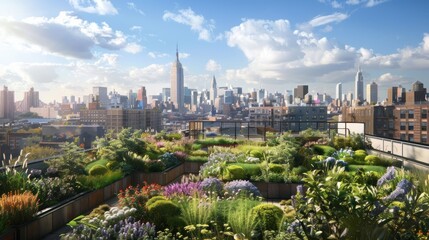 Obraz premium Urban Oasis: Rooftop Garden with Manhattan Skyline