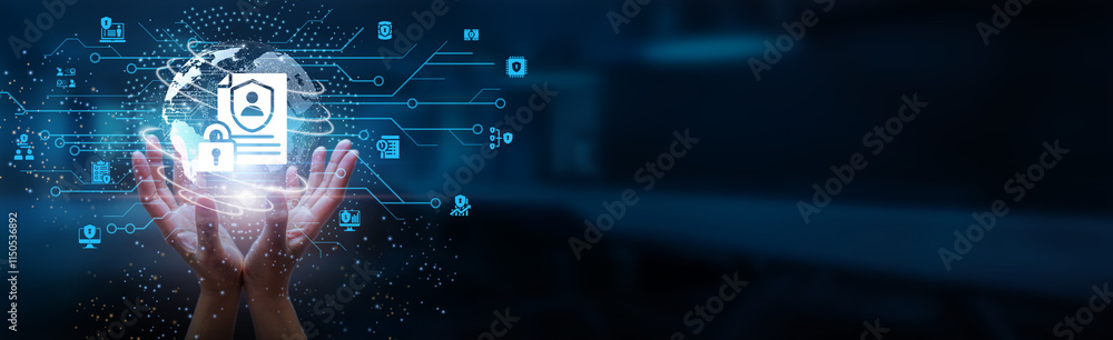 Poster data privacy. hands holding globe with network connecting data of personal information management an