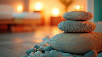 Serene spa ambience with stacked stones and candles in a tranquil setting