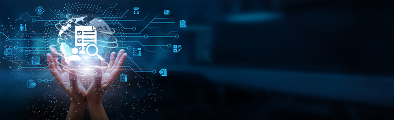 Hands holding globe with network connecting data of assessment systems and evaluation metrics for global performance monitoring, strategic planning, and knowledge sharing platforms.