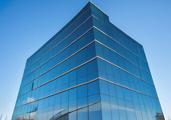 Obraz premium Modern Office Building With A Glass Wall Reflects Into The Clear Blue Sky For Professional Purposes.