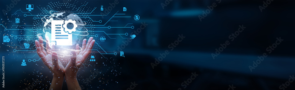Poster hands holding globe with network connecting data of document management and retrieval, secure sharin