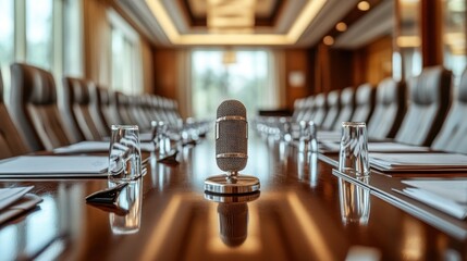 Conference room table with microphone, ready for a meeting.