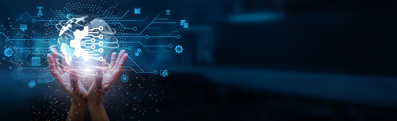 Hands holding globe with network connecting data of digitization, communication, and innovation, revolutionizing industries, transforming connectivity, enhancing global integration and efficiency.