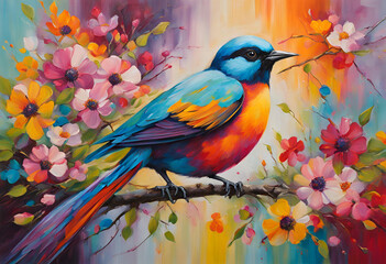 Fototapeta premium Vibrant and colorful painting of a blue and orange bird perched on a branch surrounded by an array of blooming flowers in various shades, capturing the beauty and vibrancy of nature