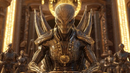 Fototapeta premium Supreme Alien Warlord Ruling with Authority in Extraterrestrial Grand Hall - 3D Render Sci-Fi Digital Artwork