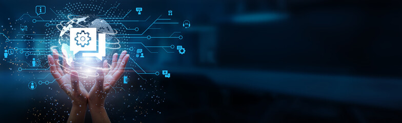 Hands holding globe with network connecting data of IT consulting, technological innovation, sustainable development, digital transformation, global economic growth, and global societal development.