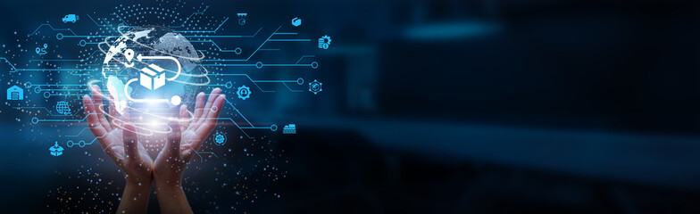 Hands holding globe with network connecting data of logistics management and supply chain...