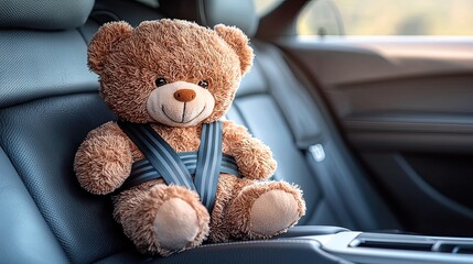 Teddy bear wearing seat belt in car promoting children safety