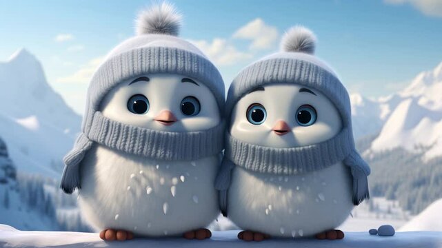 Two cute penguins in hats standing and talking in the snow, cartoon