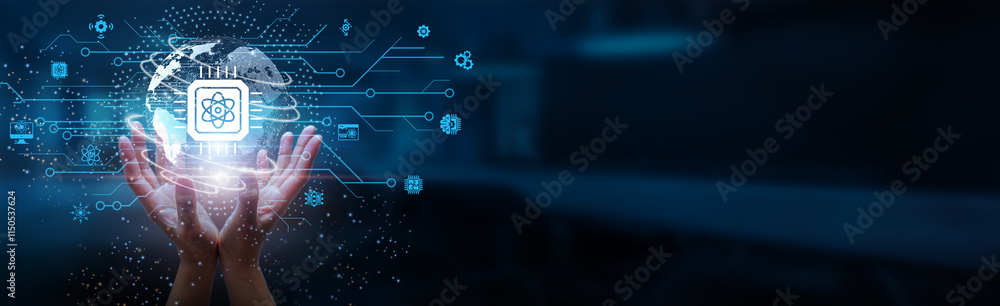 Poster hands holding globe with network connecting data of quantum computing, algorithms, entanglement, sup