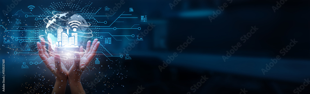 Poster hands holding globe with network connecting data of smart cities, digital infrastructure, advanced t