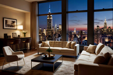 Luxury living room interior with panoramic view of New York City. 3D Rendering