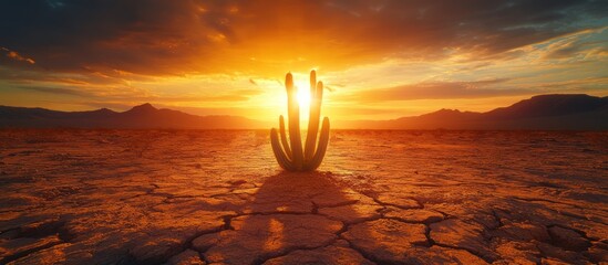 Dramatic sunset over cracked earth with a lone cactus.