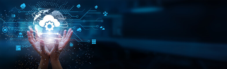Hands holding globe with network connecting data of scalable applications, cloud infrastructure,...