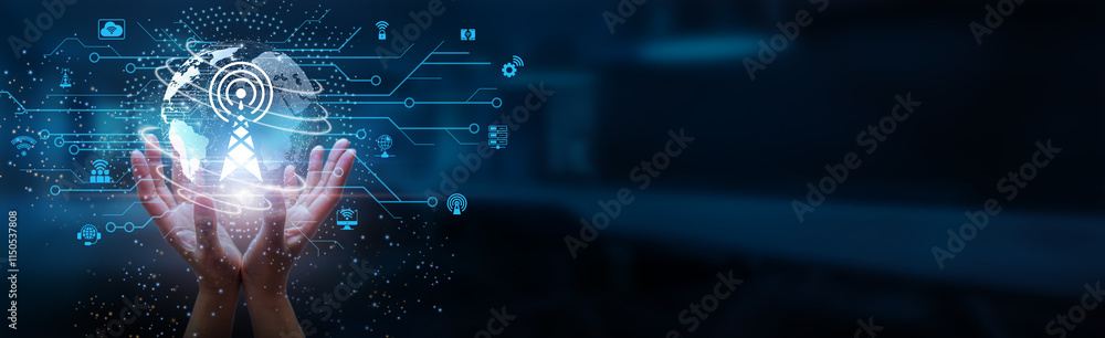 Poster hands holding globe with network connecting data of telecommunications infrastructure, digital netwo