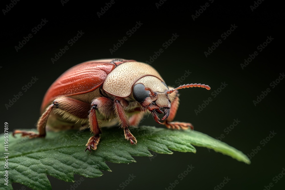 Poster close-up view of a vibrant beetle resting on a leaf in a natural setting during daylight