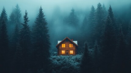 Cozy cabin nestled in a foggy, snowy forest at night.