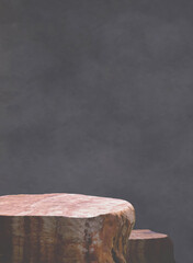 Rock stone podium stand on dark gray concrete loft interior wall background with copy space, Product mockup stage display vertical presentation in vintage style backdrop