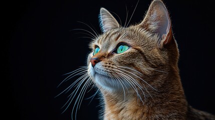 Close-up of a tabby cat with striking green eyes against a dark background