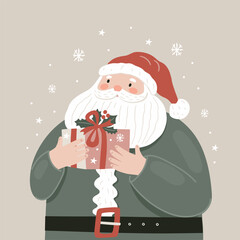 Cartoon Santa Claus holding a gift box in his hands Vector illustration in flat style