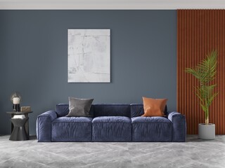 Mock up of a stylish living room with an exclusive comfortable sofa and a fashionable decorative background, 3D rendering.