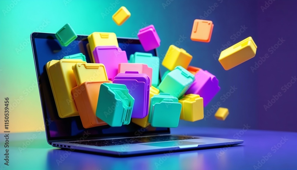 Poster vibrant 3d render of a laptop with files and folders projecting from the screen