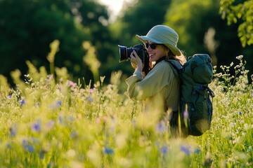 Joyful tourist exploring tranquil summer meadow capturing nature's beauty for outdoor adventure.