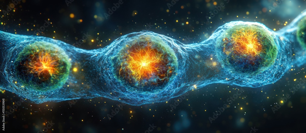 Poster glowing cells in a chain-like structure.
