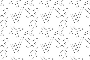 Black-and-white seamless pattern featuring abstract symbols like Xs, Ws, loops, and decorative lines.