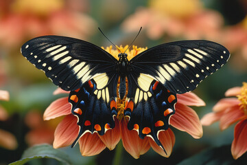 Anise swallowtail butterfly opening wings on colorful flower