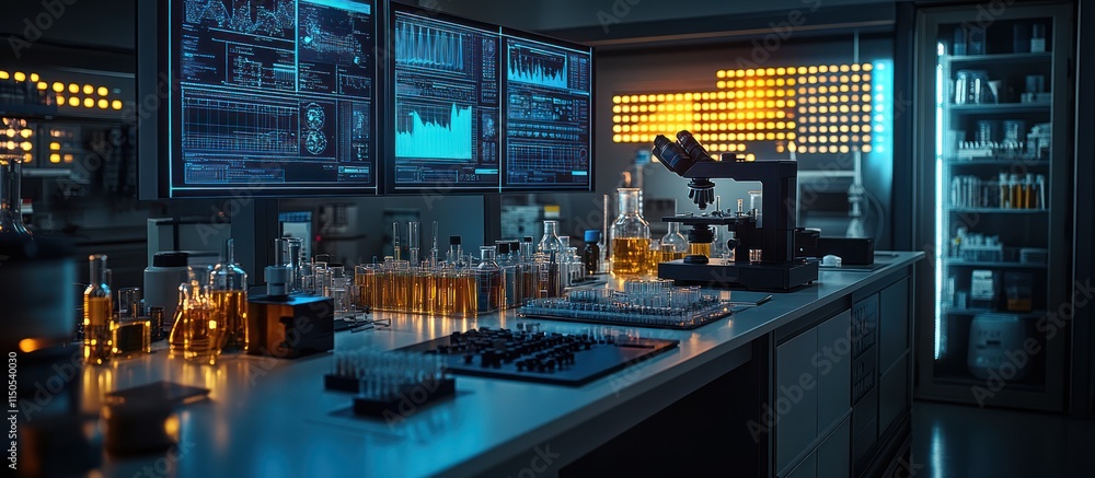 Poster modern laboratory interior with test tubes, microscope, and computer screens displaying data analysi