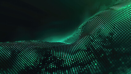 Abstract wave of green dots forming a flowing pattern on a dark background.