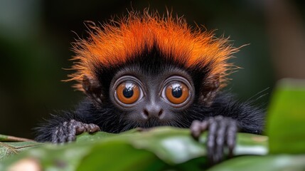 Fototapeta premium Curious infant red-haired monkey peeking from behind leaves, large expressive eyes.
