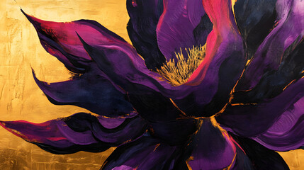 A dramatic hand-painted floral artwork with oversized abstract petals in bold purples and blacks swirling against a golden background.