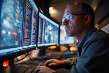 Focused software developer working on complex code on multiple monitors in dark office