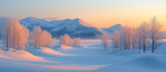 Pink sunrise over a snow-covered valley and frosted trees.